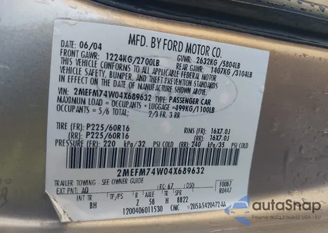 2004 Mercury Grand Marquis Gs z USA, uszkodzony, nr VIN 2MEFM74W04X689632